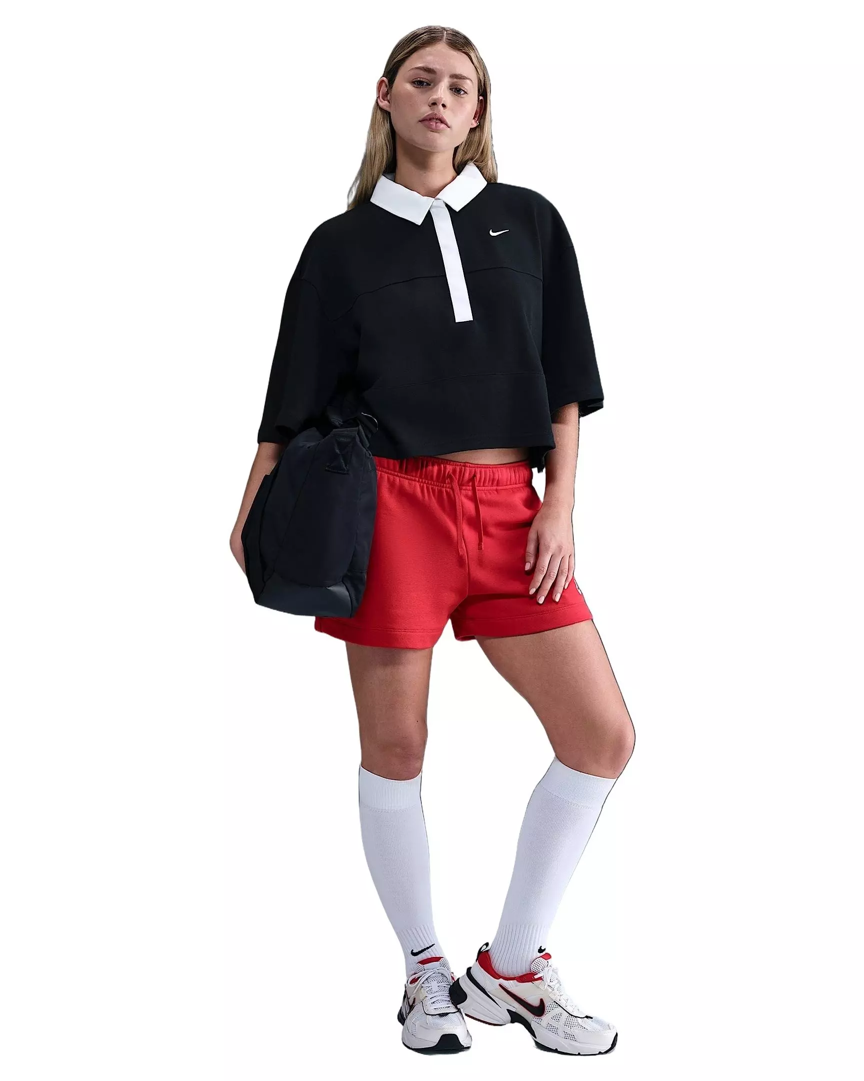 Nike Women's Sportswear Oversized Short-Sleeve Polo Top - Black/White - BLACK/WHITE