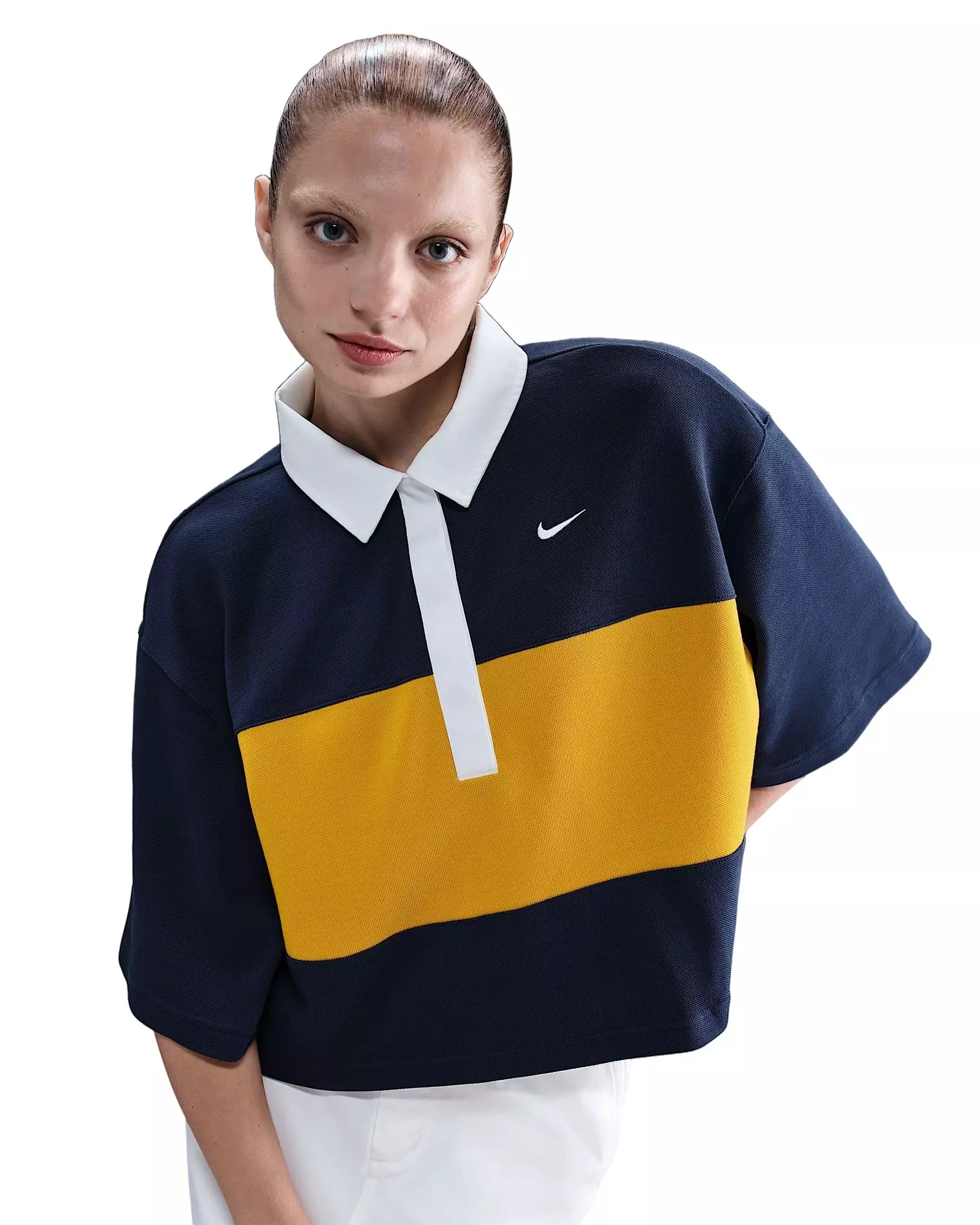 Nike Women's Sportswear Oversized Short-Sleeve Polo Top - Navy/White/Yellow - NAVY/WHITE/YELLOW