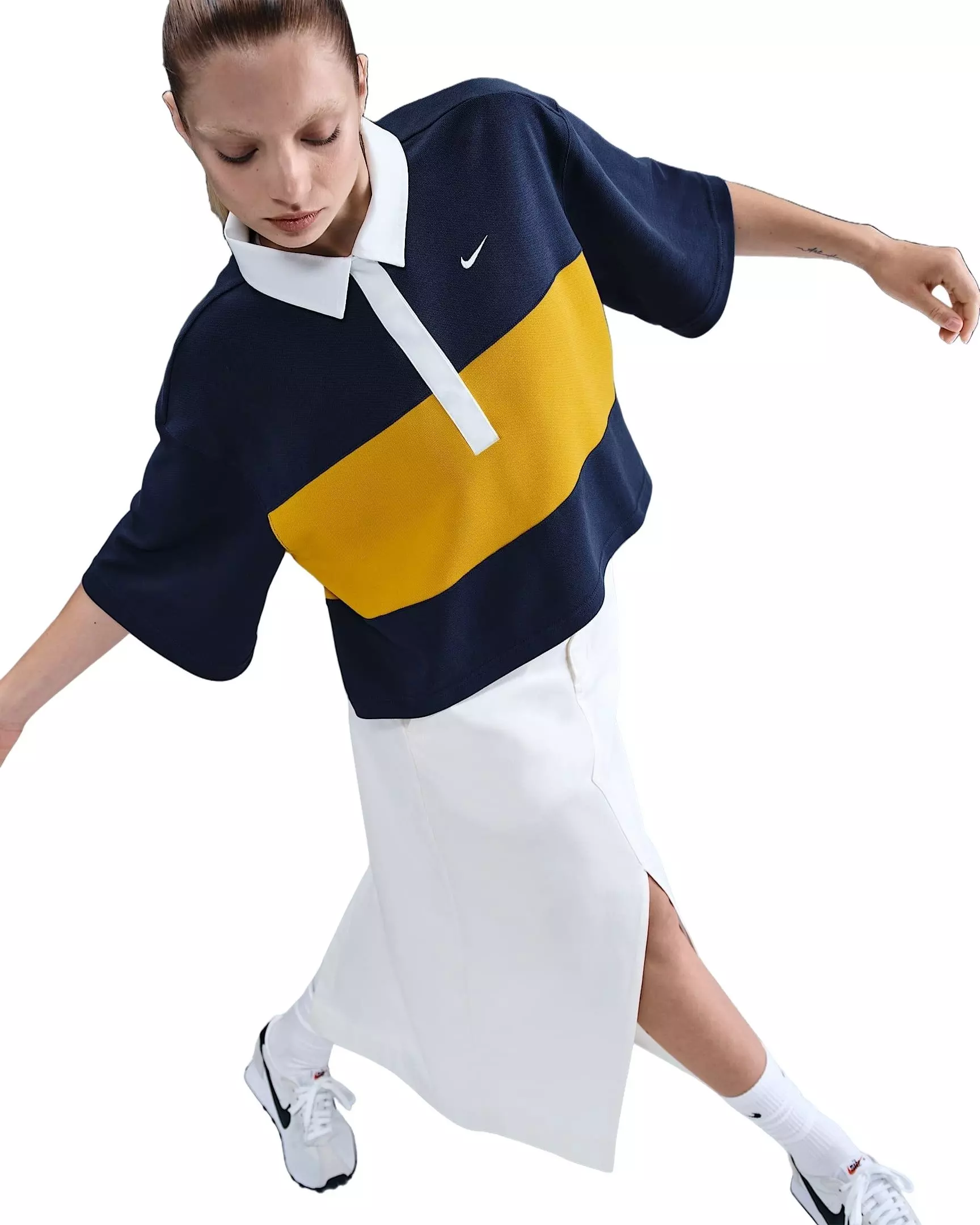 Nike Women's Sportswear Oversized Short-Sleeve Polo Top - Navy/White/Yellow - NAVY/WHITE/YELLOW