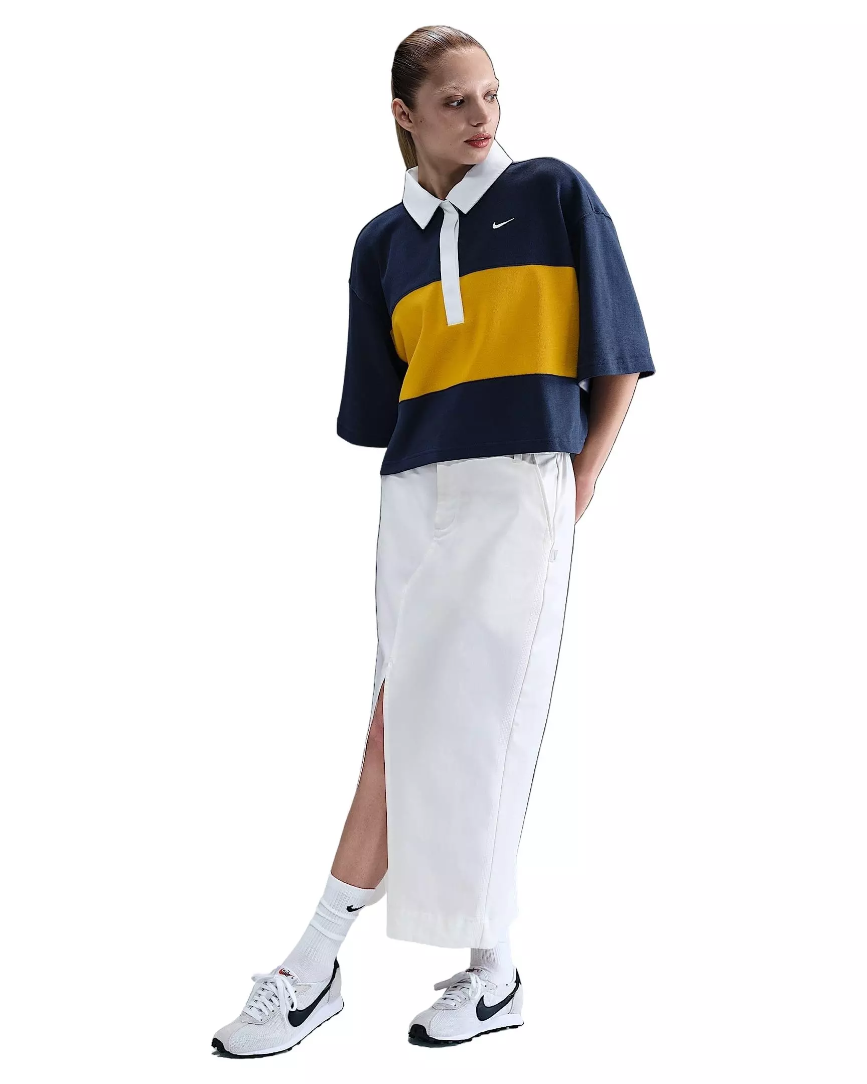 Nike Women's Sportswear Oversized Short-Sleeve Polo Top - Navy/White/Yellow - NAVY/WHITE/YELLOW