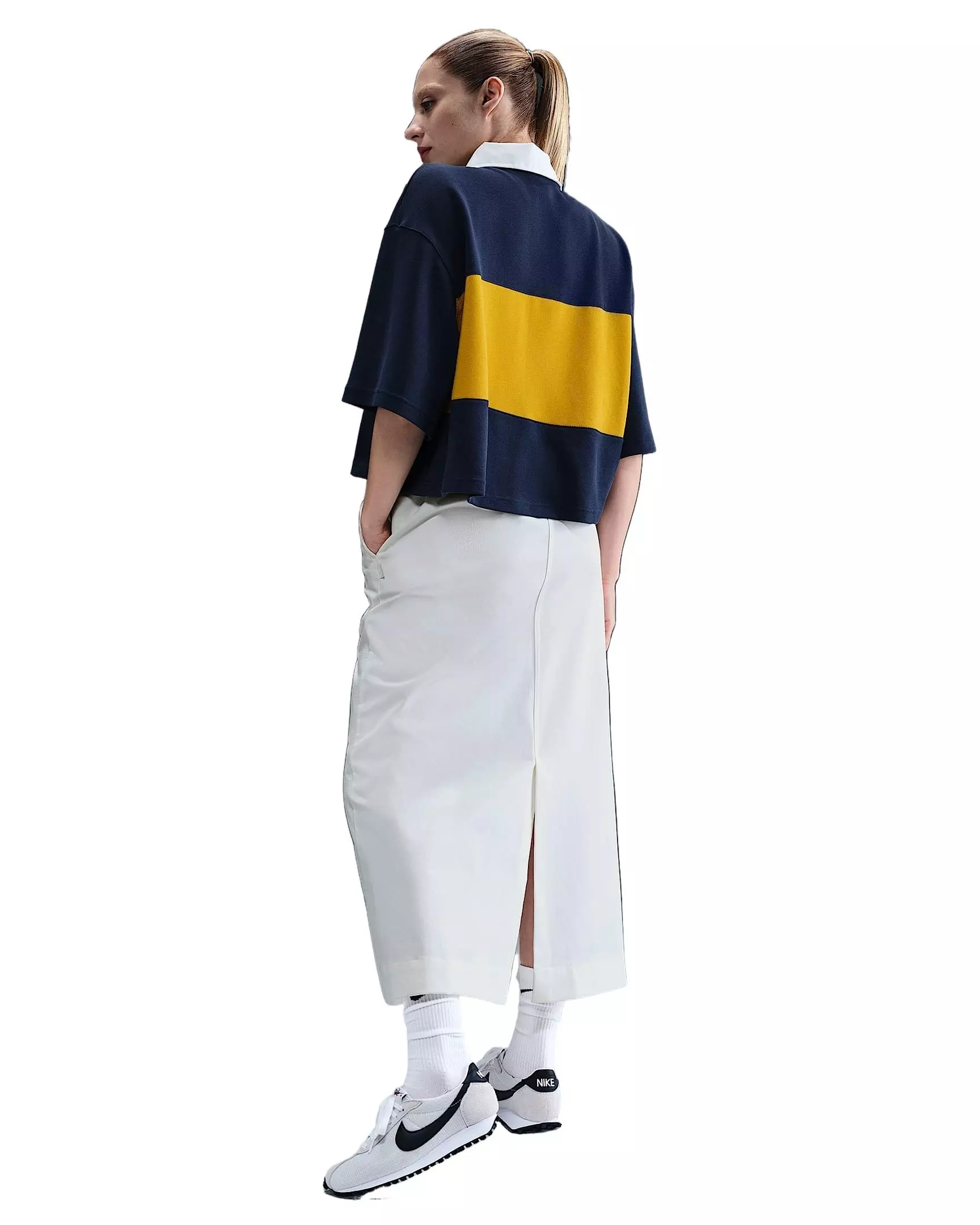 Nike Women's Sportswear Oversized Short-Sleeve Polo Top -Navy/White/Yellow - NAVY/WHITE/YELLOW