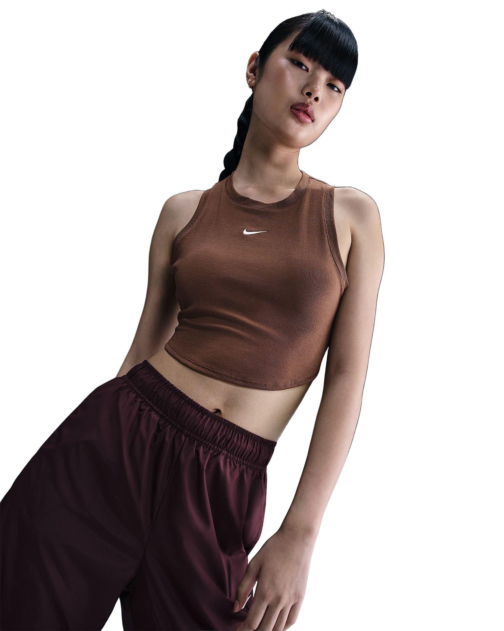 Nike Women's Sportswear Chill Knit Tight Cropped Mini-Rib Tank Top -Brown - BROWN Thumbnail View 1