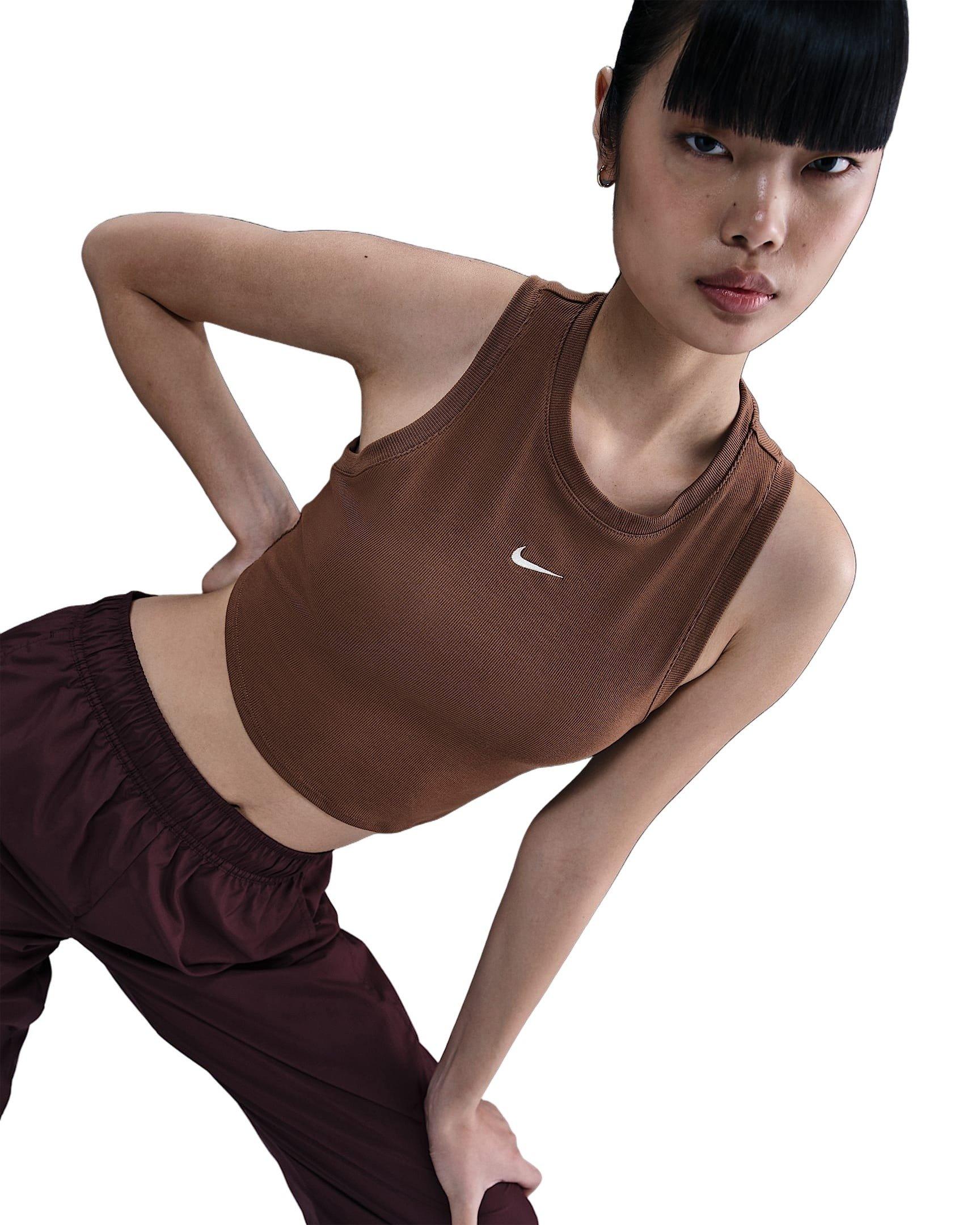 Nike Women's Sportswear Chill Knit Tight Cropped Mini-Rib Tank Top -Brown - BROWN Thumbnail View 3
