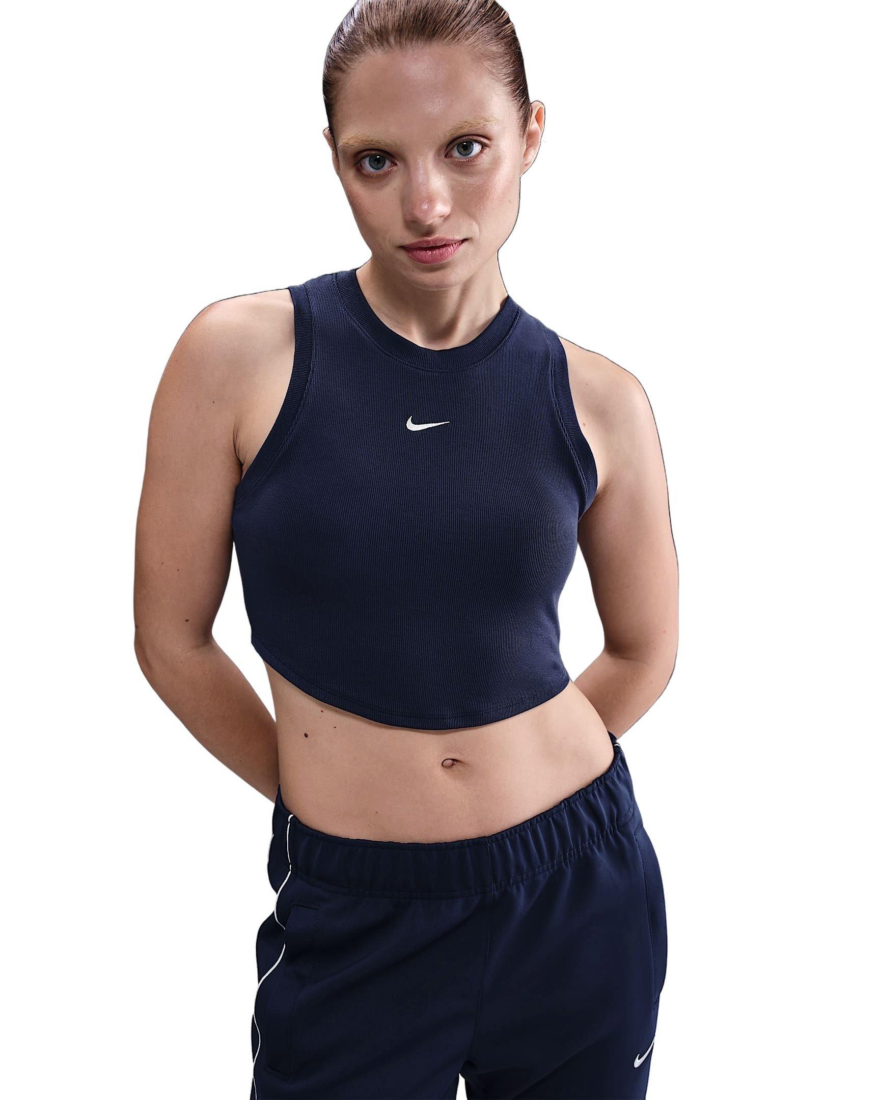 Nike Women's Sportswear Chill Knit Tight Cropped Mini-Rib Tank Top - Navy - NAVY Thumbnail View 1
