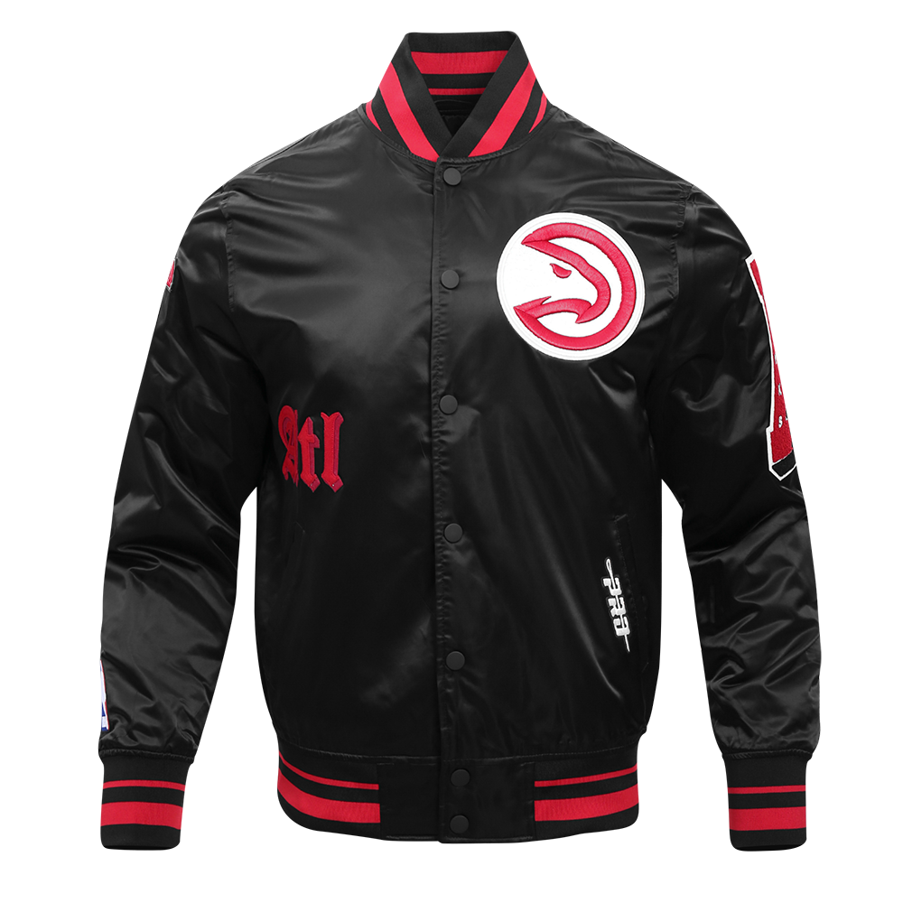 Pro Standard Men's NBA Atlanta Hawks Old English Rib Satin Varsity Jacket -Black/Red - BLACK/RED Thumbnail View 1