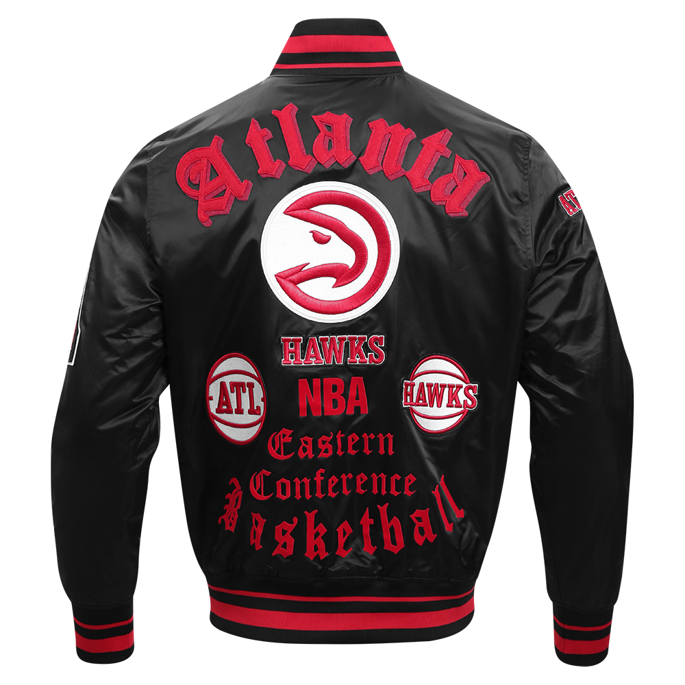 Pro Standard Men's NBA Atlanta Hawks Old English Rib Satin Varsity Jacket - Black/Red - BLACK/RED Thumbnail View 2