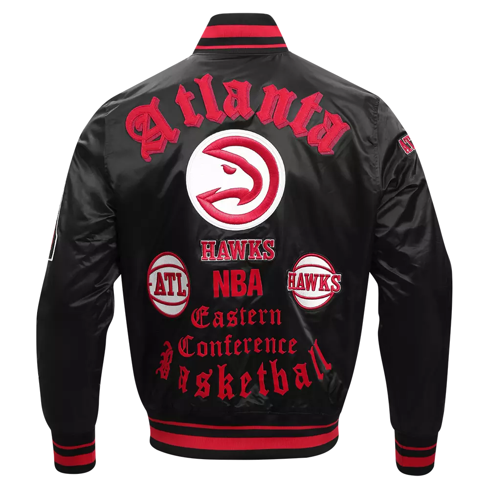 Pro Standard Men's NBA Atlanta Hawks Old English Rib Satin Varsity Jacket - Black/Red - BLACK/RED