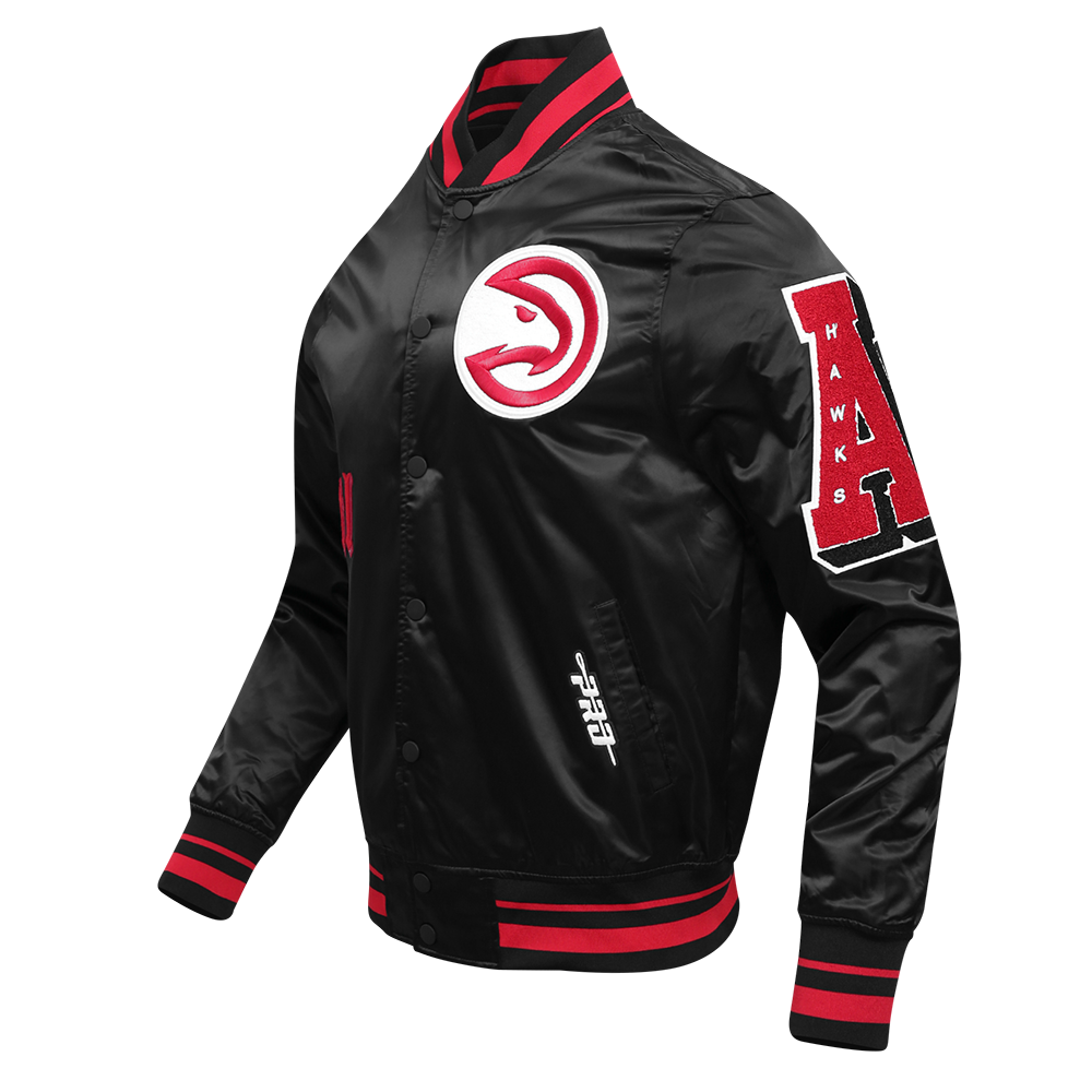 Pro Standard Men's NBA Atlanta Hawks Old English Rib Satin Varsity Jacket - Black/Red - BLACK/RED Thumbnail View 3