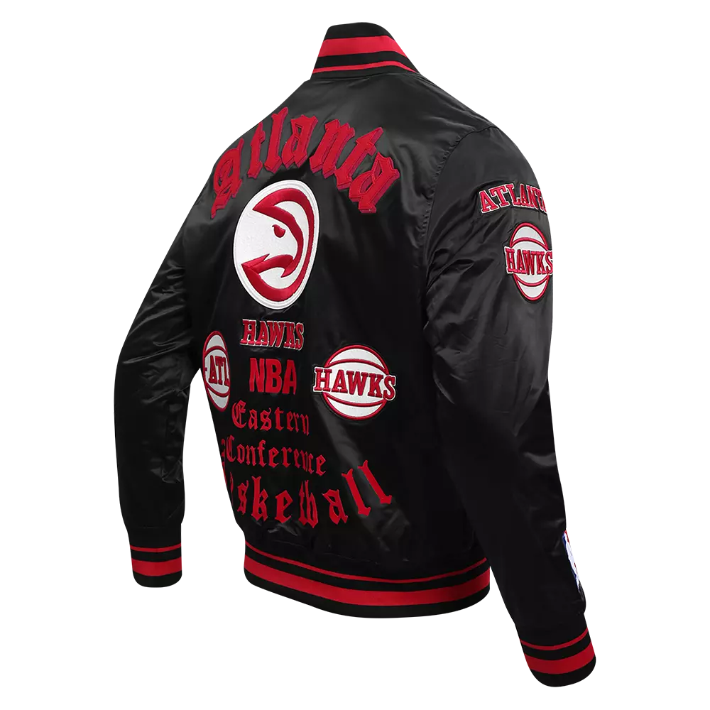 Pro Standard Men's NBA Atlanta Hawks Old English Rib Satin Varsity Jacket - Black/Red - BLACK/RED