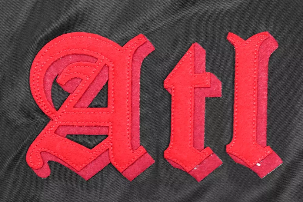 Pro Standard Men's NBA Atlanta Hawks Old English Rib Satin Varsity Jacket - Black/Red - BLACK/RED