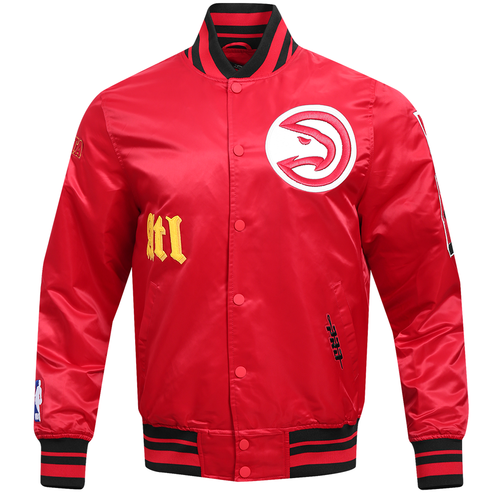 Pro Standard Men's NBA Atlanta Hawks Old English Rib Satin Varsity Jacket -Red/Black - RED/BLACK Thumbnail View 1