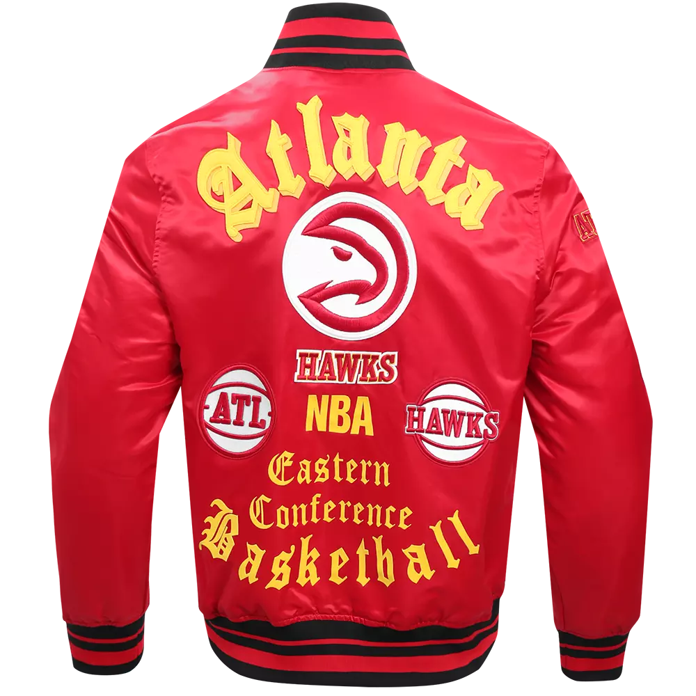 Pro Standard Men's NBA Atlanta Hawks Old English Rib Satin Varsity Jacket - Red/Black - RED/BLACK