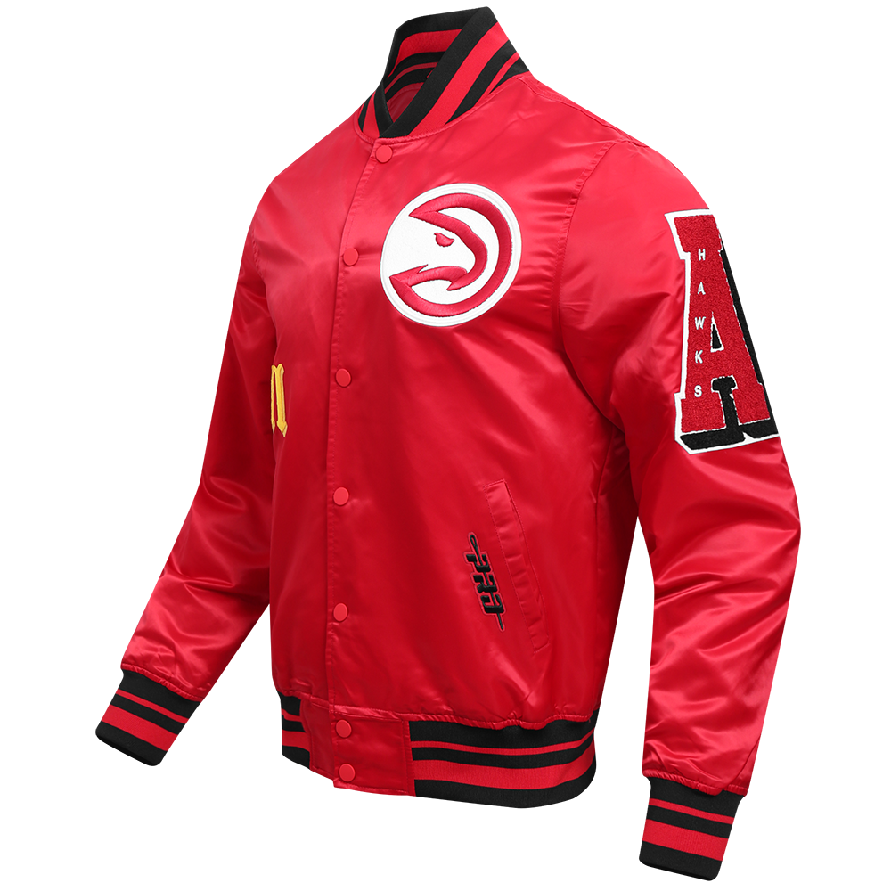 Pro Standard Men's NBA Atlanta Hawks Old English Rib Satin Varsity Jacket - Red/Black - RED/BLACK Thumbnail View 3