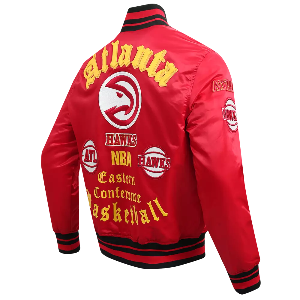 Pro Standard Men's NBA Atlanta Hawks Old English Rib Satin Varsity Jacket - Red/Black - RED/BLACK