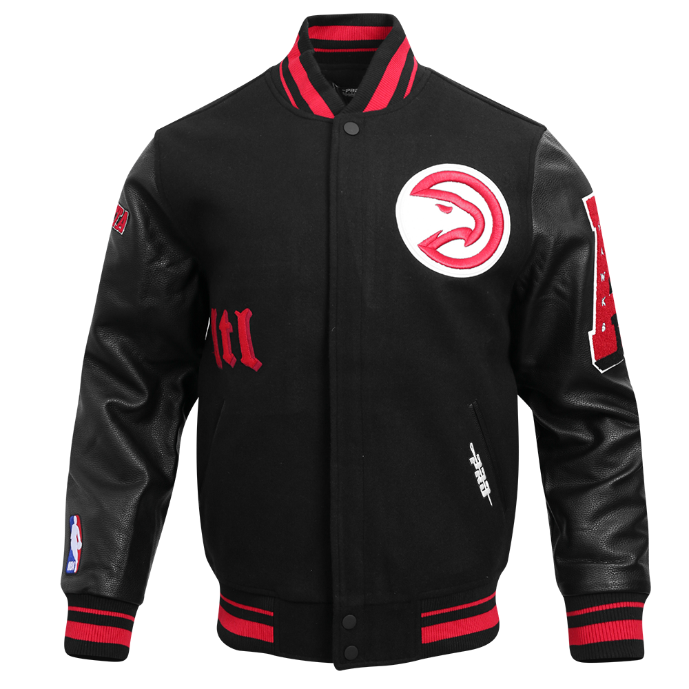 Pro Standard Men's NBA Atlanta Hawks Old English Rib Wool Varsity Jacket - Black/Red - BLACK/RED Thumbnail View 1