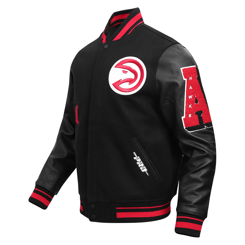 Pro Standard Men's NBA Atlanta Hawks Old English Rib Wool Varsity Jacket - Black/Red - BLACK/RED Thumbnail View 3