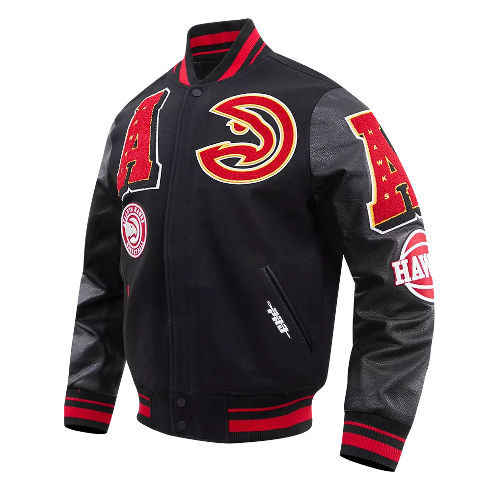 Pro Standard Men's NBA Atlanta Hawks Mashup Rib Wool Varsity Jacket - Black/Red - BLACK/RED
