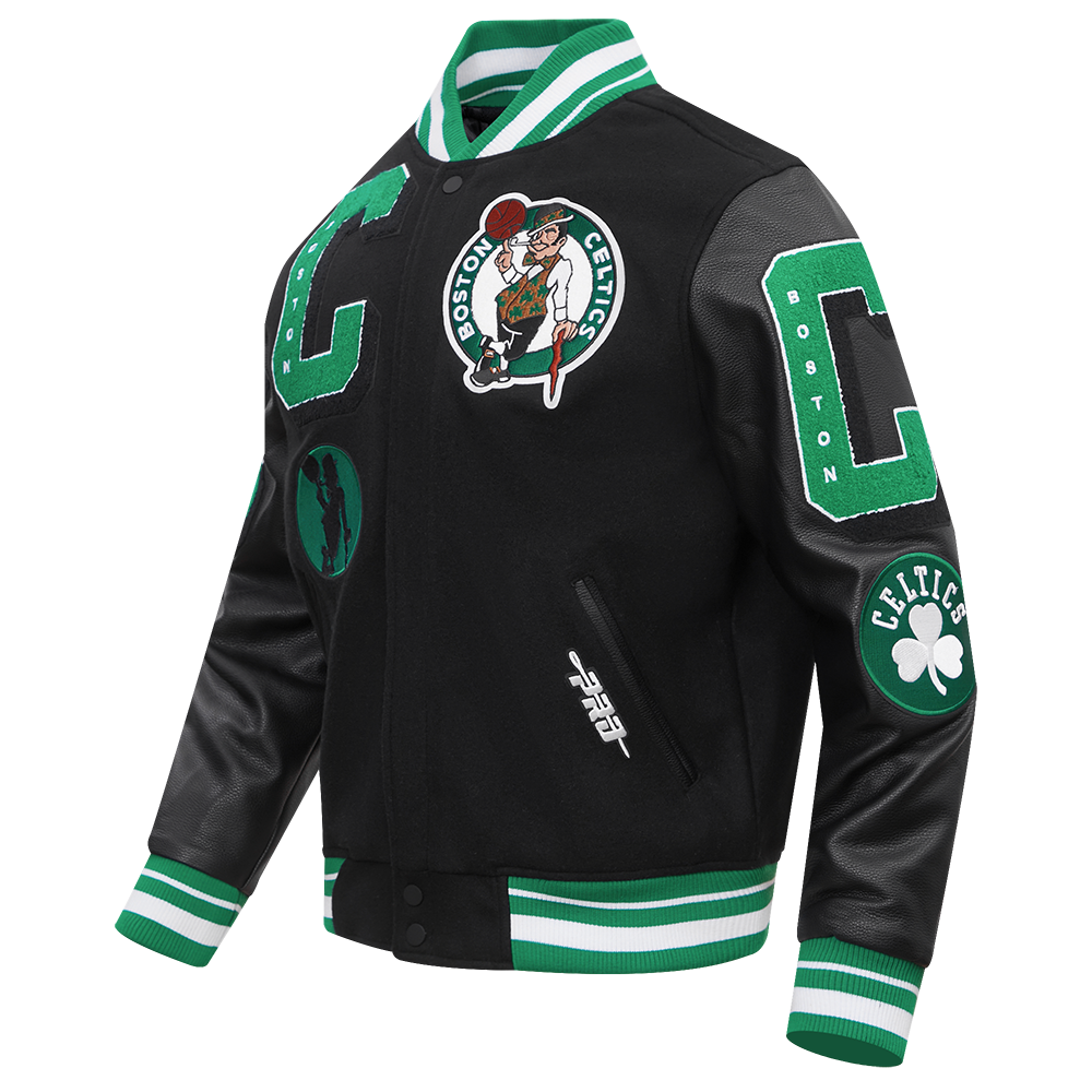 Pro Standard Men's NBA Boston Celtics Mashup Rib Wool Varsity Jacket - Black/Green - BLACK/GREEN Thumbnail View 3