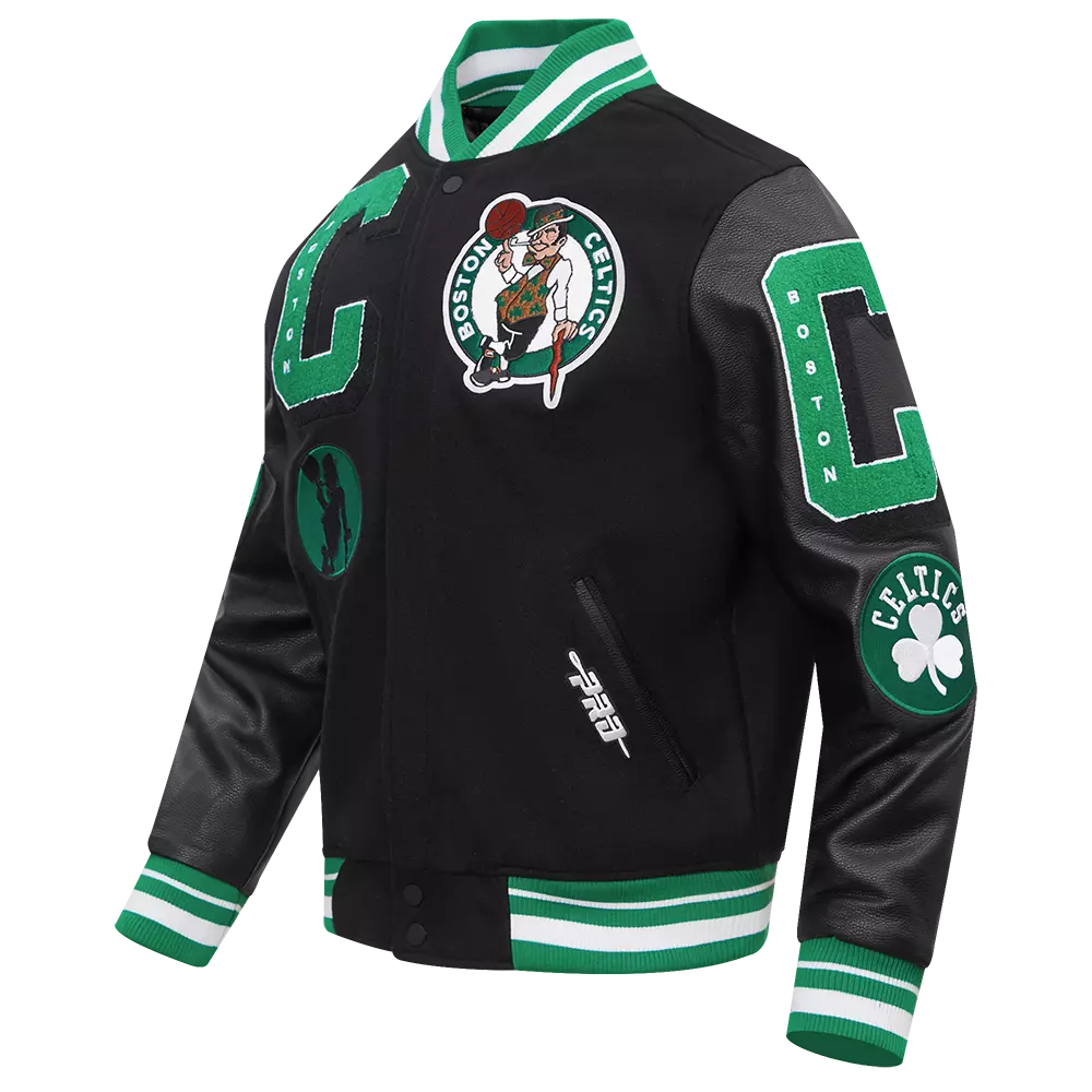 Pro Standard Men's NBA Boston Celtics Mashup Rib Wool Varsity Jacket - Black/Green - BLACK/GREEN
