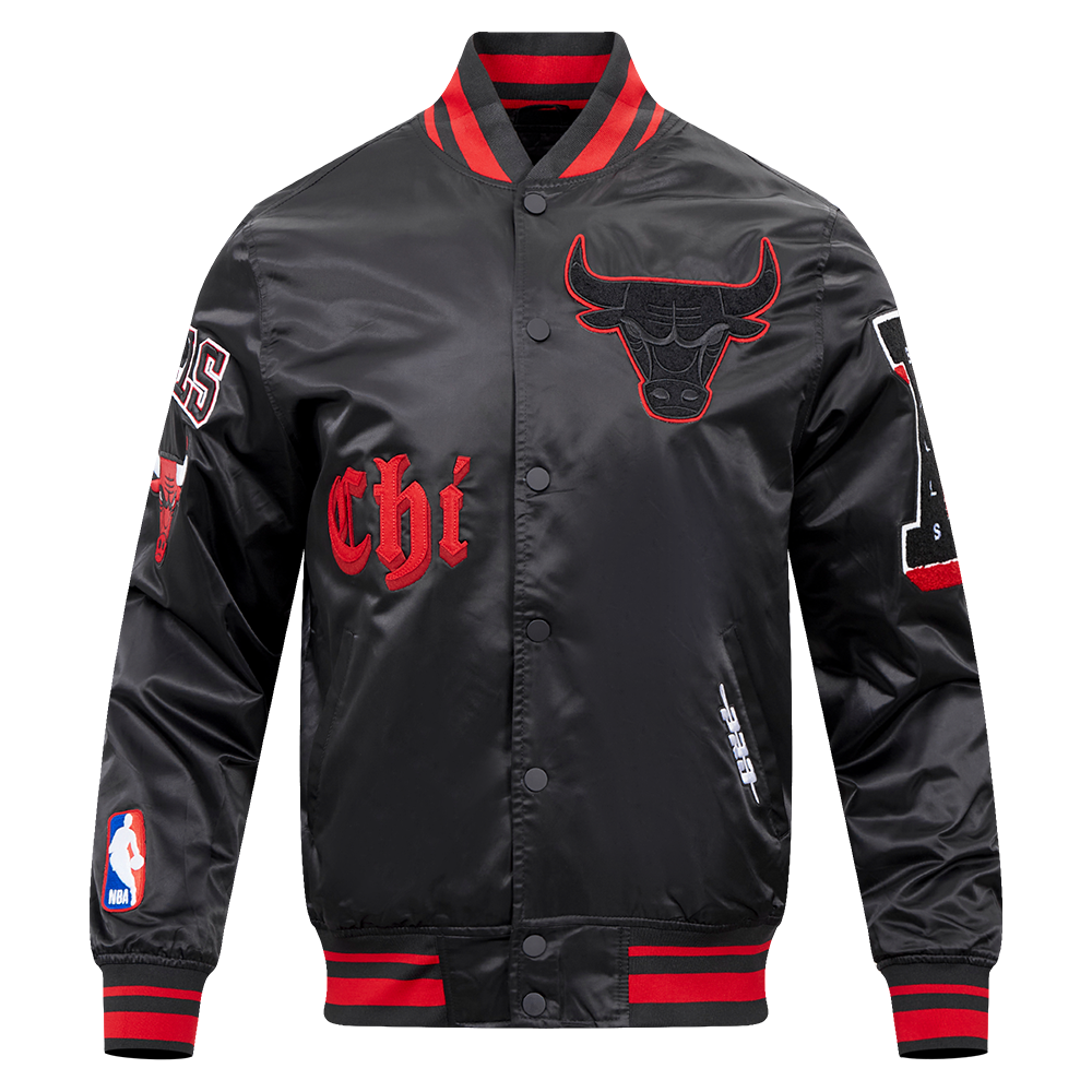 Pro Standard Men's NBA Chicago Bulls Old English Logo Satin Varsity Jacket - Black/Red - BLACK/RED Thumbnail View 1
