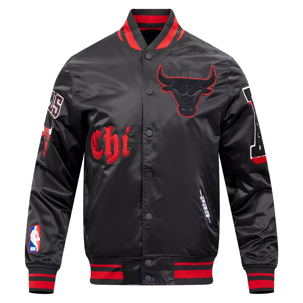 Pro Standard Men's NBA Chicago Bulls Old English Logo Satin Varsity Jacket - Black/Red - BLACK/RED