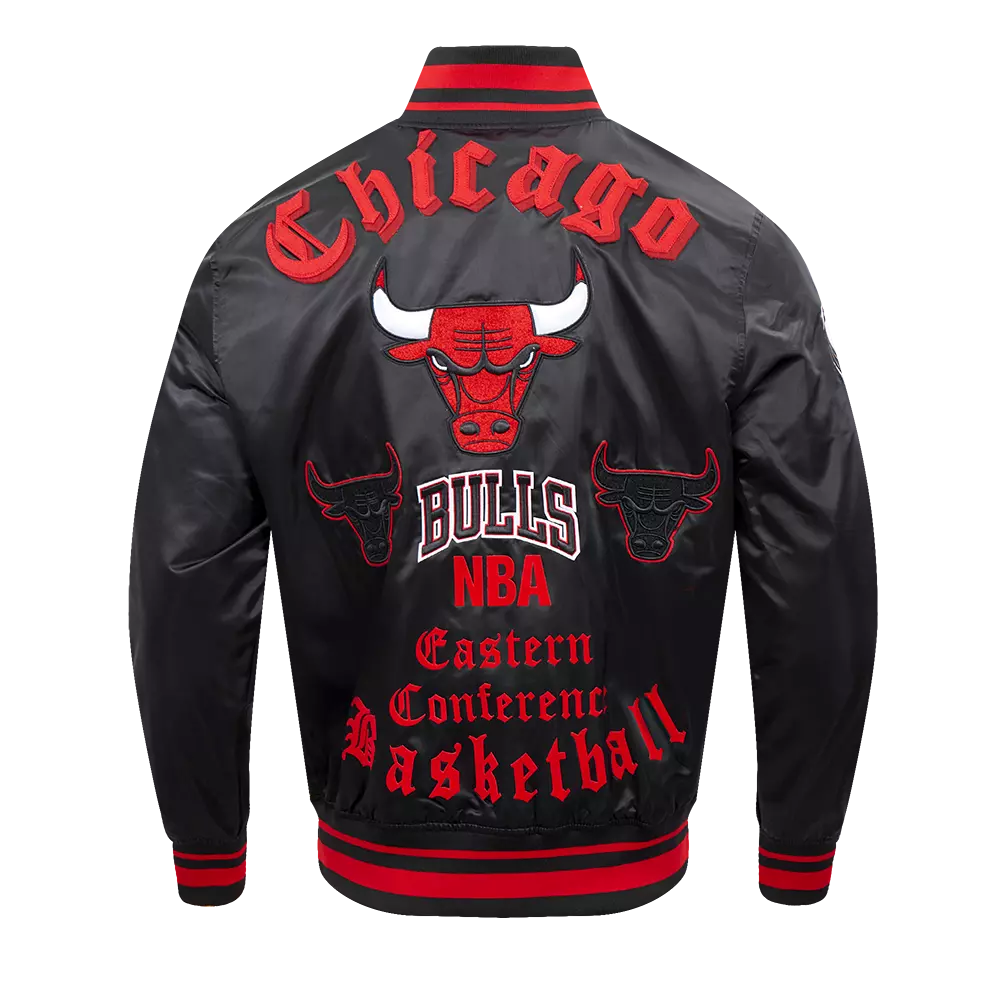 Pro Standard Men's NBA Chicago Bulls Old English Logo Satin Varsity Jacket - Black/Red - BLACK/RED