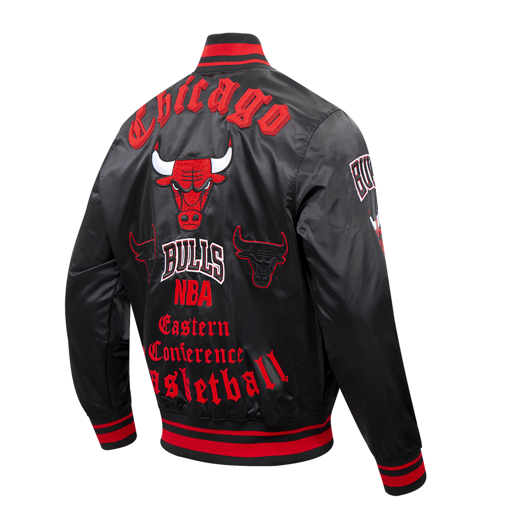Pro Standard Men's NBA Chicago Bulls Old English Logo Satin Varsity Jacket -Black/Red - BLACK/RED Thumbnail View 4