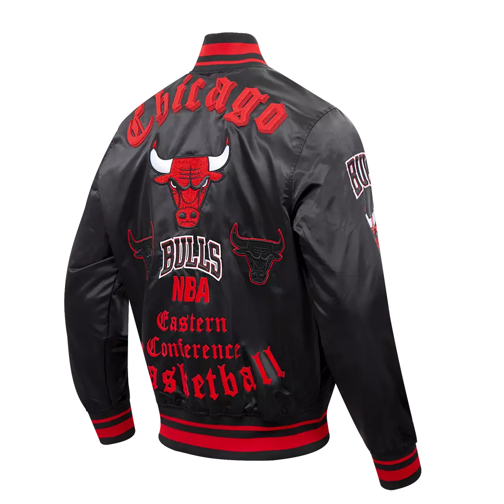 Pro Standard Men's NBA Chicago Bulls Old English Logo Satin Varsity Jacket -Black/Red - BLACK/RED