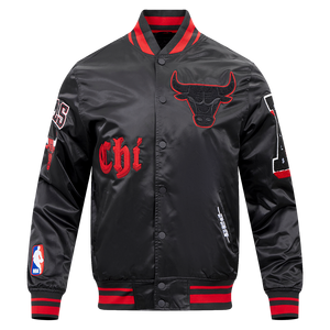 Pro Standard Men's NBA Chicago Bulls Old English Logo Satin Varsity Jacket -Black/Red
