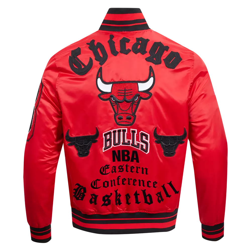 Pro Standard Men's NBA Chicago Bulls Old English Logo Satin Varsity Jacket - Red/Black - RED/BLACK