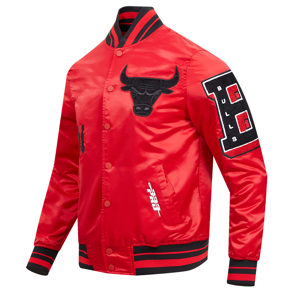 Pro Standard Men's NBA Chicago Bulls Old English Logo Satin Varsity Jacket - Red/Black - RED/BLACK Thumbnail View 3