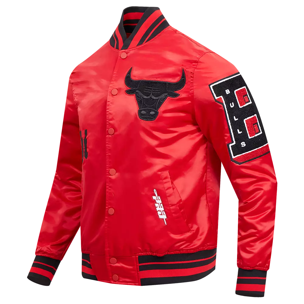 Pro Standard Men's NBA Chicago Bulls Old English Logo Satin Varsity Jacket -Red/Black - RED/BLACK