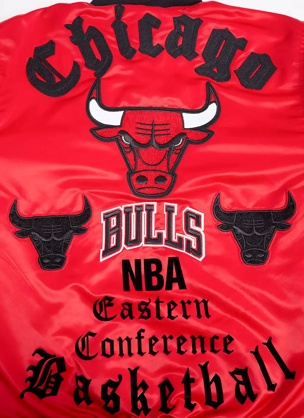 Pro Standard Men's NBA Chicago Bulls Old English Logo Satin Varsity Jacket - Red/Black - RED/BLACK