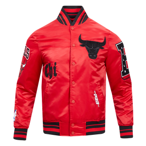 Pro Standard Men's NBA Chicago Bulls Old English Logo Satin Varsity Jacket -Red/Black