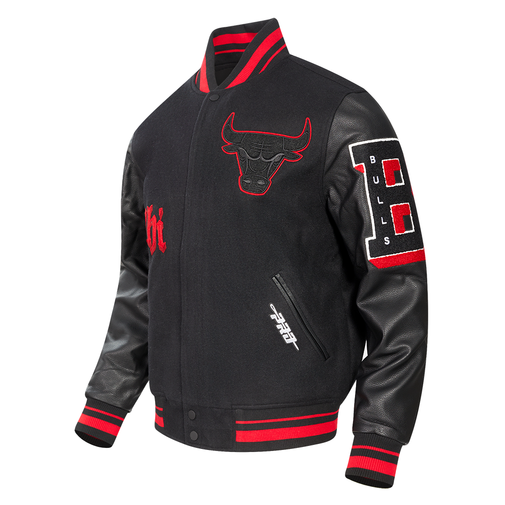 Pro Standard Men's NBA Chicago Bulls Old English Rib Wool Varsity Jacket -Black/Red - BLACK/RED Thumbnail View 3