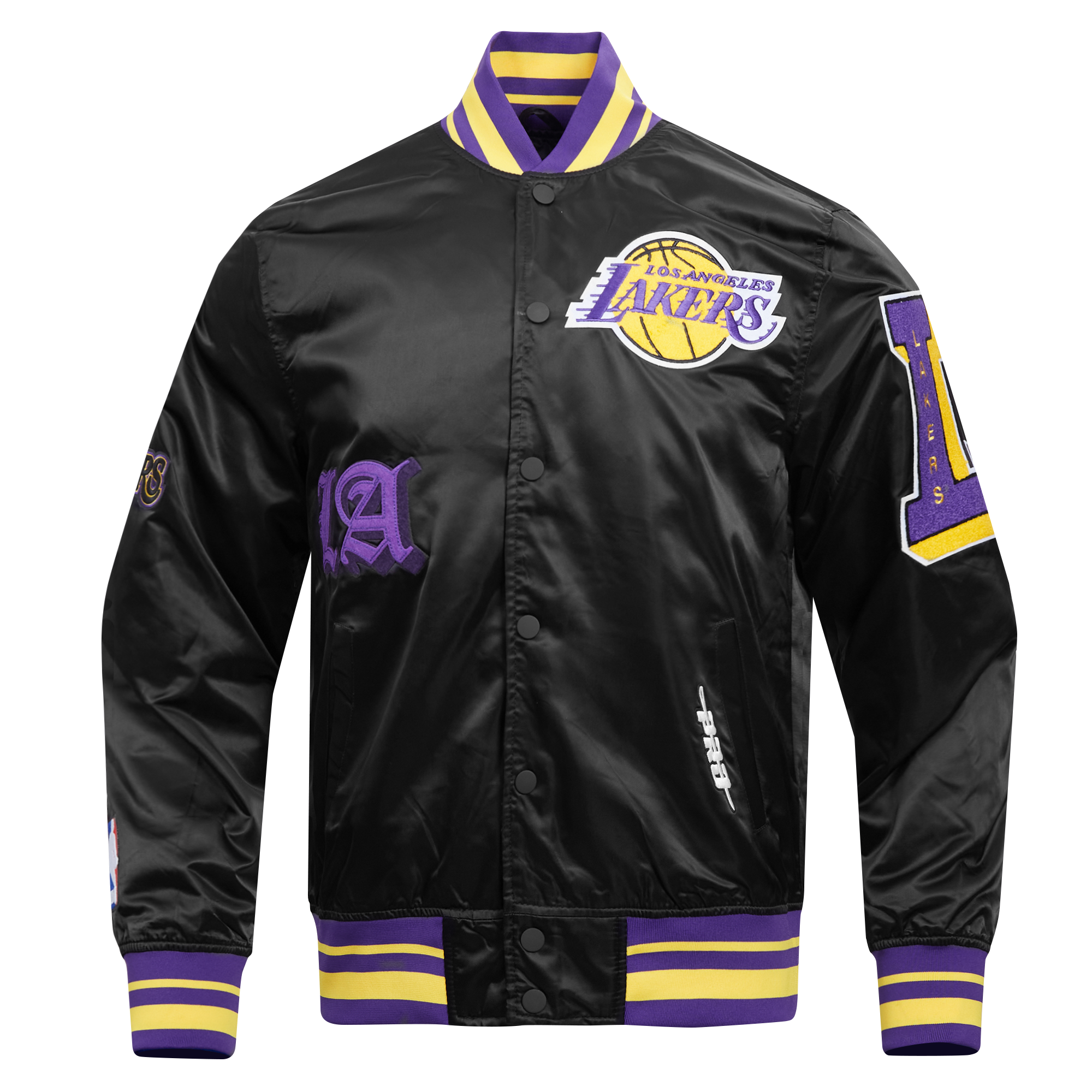 Pro Standard Men's NBA Los Angeles Lakers Old English Logo Satin Varsity Jacket - Black/Purple - BLACK/PURPLE Thumbnail View 1