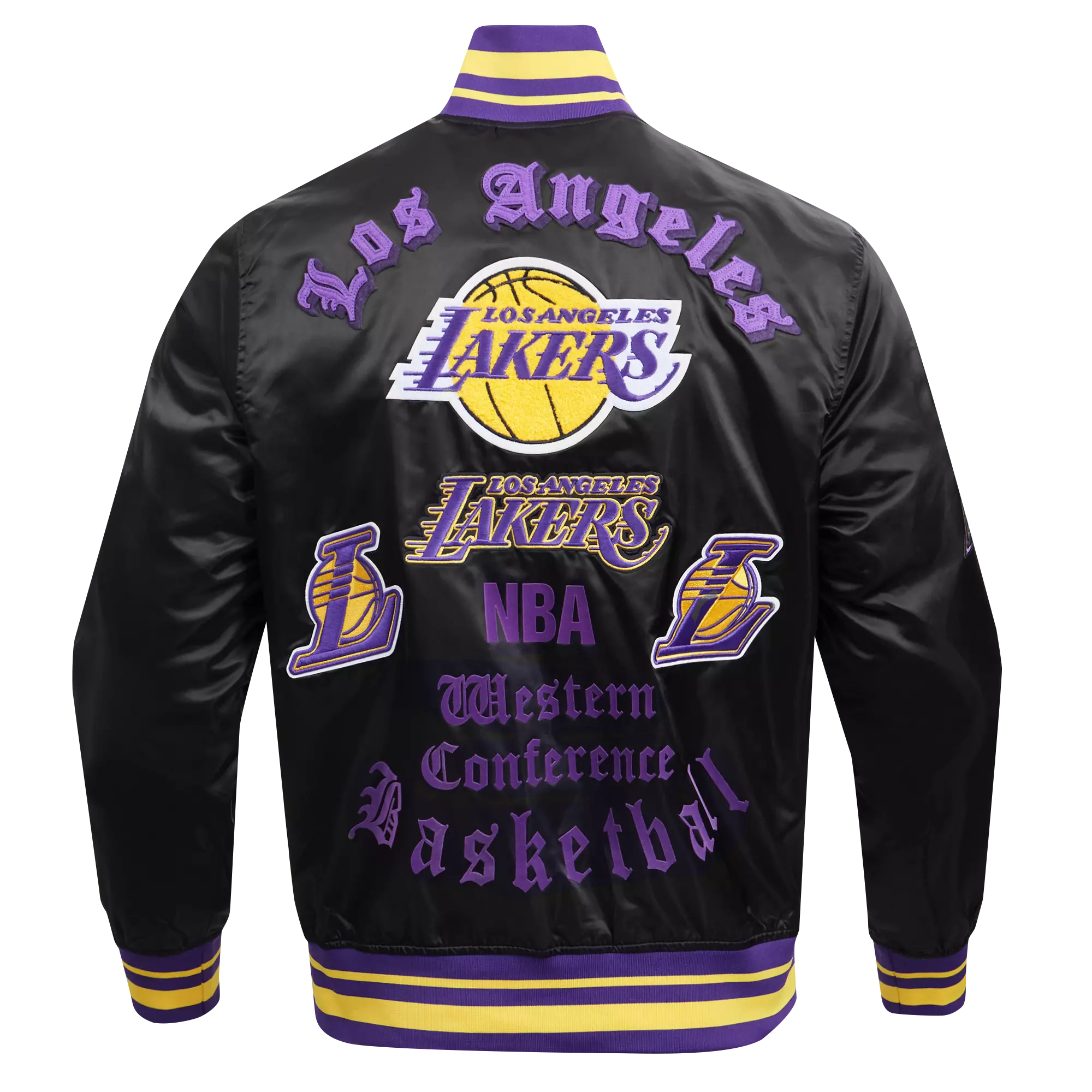 Pro Standard Men's NBA Los Angeles Lakers Old English Logo Satin Varsity Jacket - Black/Purple - BLACK/PURPLE