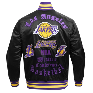 Pro Standard Men's NBA Los Angeles Lakers Old English Logo Satin Varsity Jacket -Black/Purple