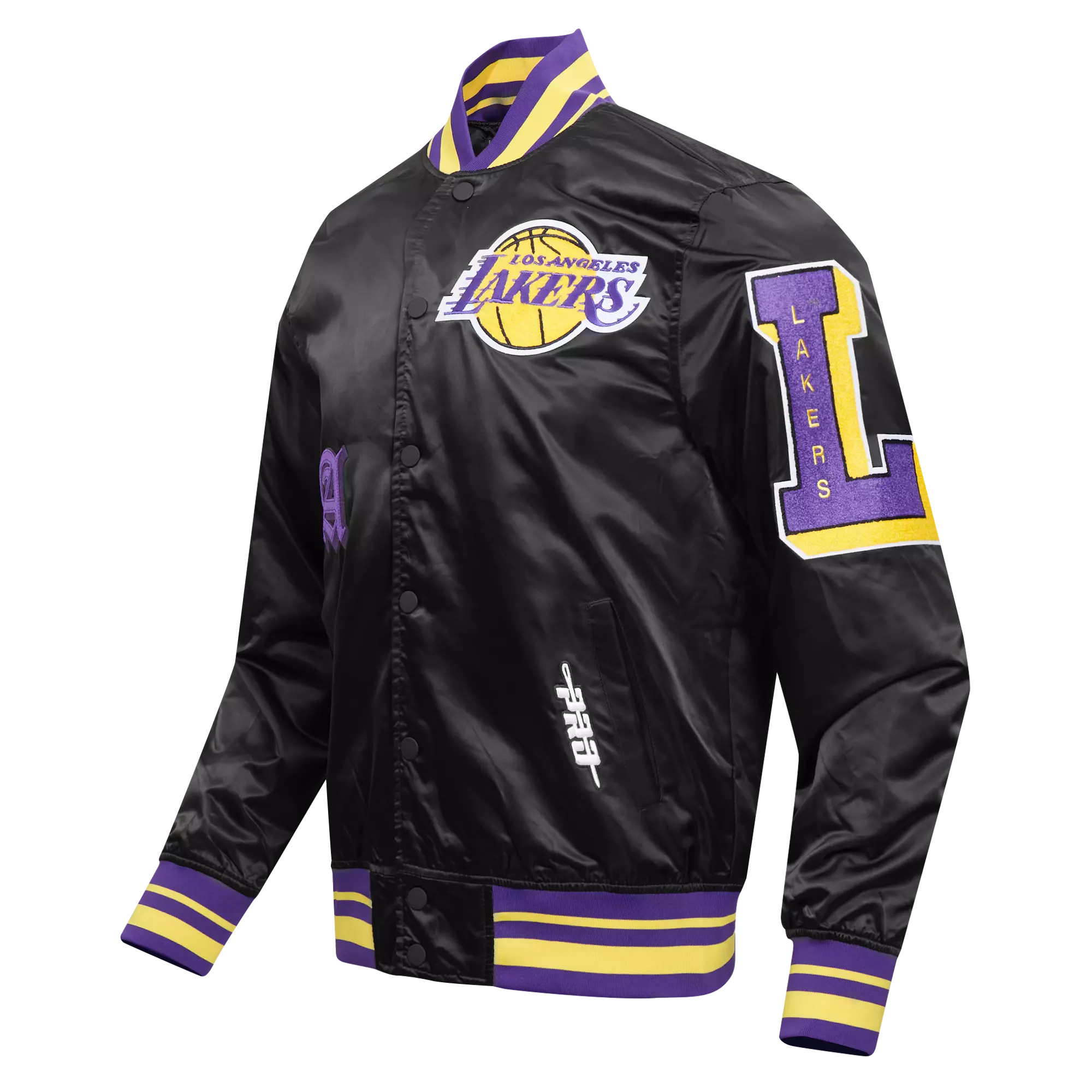 Pro Standard Men's NBA Los Angeles Lakers Old English Logo Satin Varsity Jacket - Black/Purple - BLACK/PURPLE
