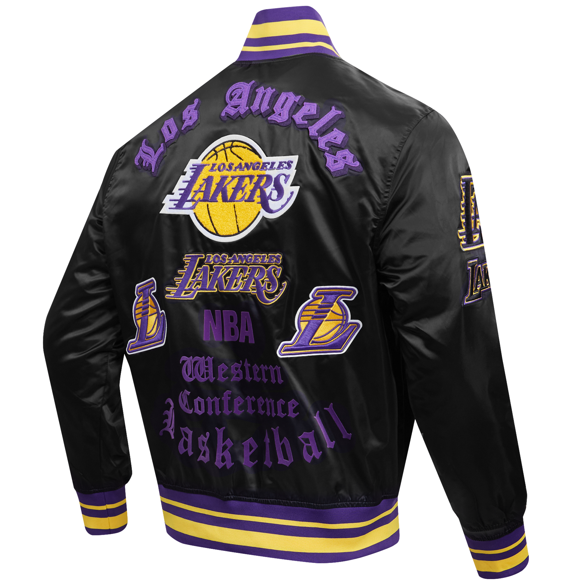 Pro Standard Men's NBA Los Angeles Lakers Old English Logo Satin Varsity Jacket -Black/Purple - BLACK/PURPLE Thumbnail View 4