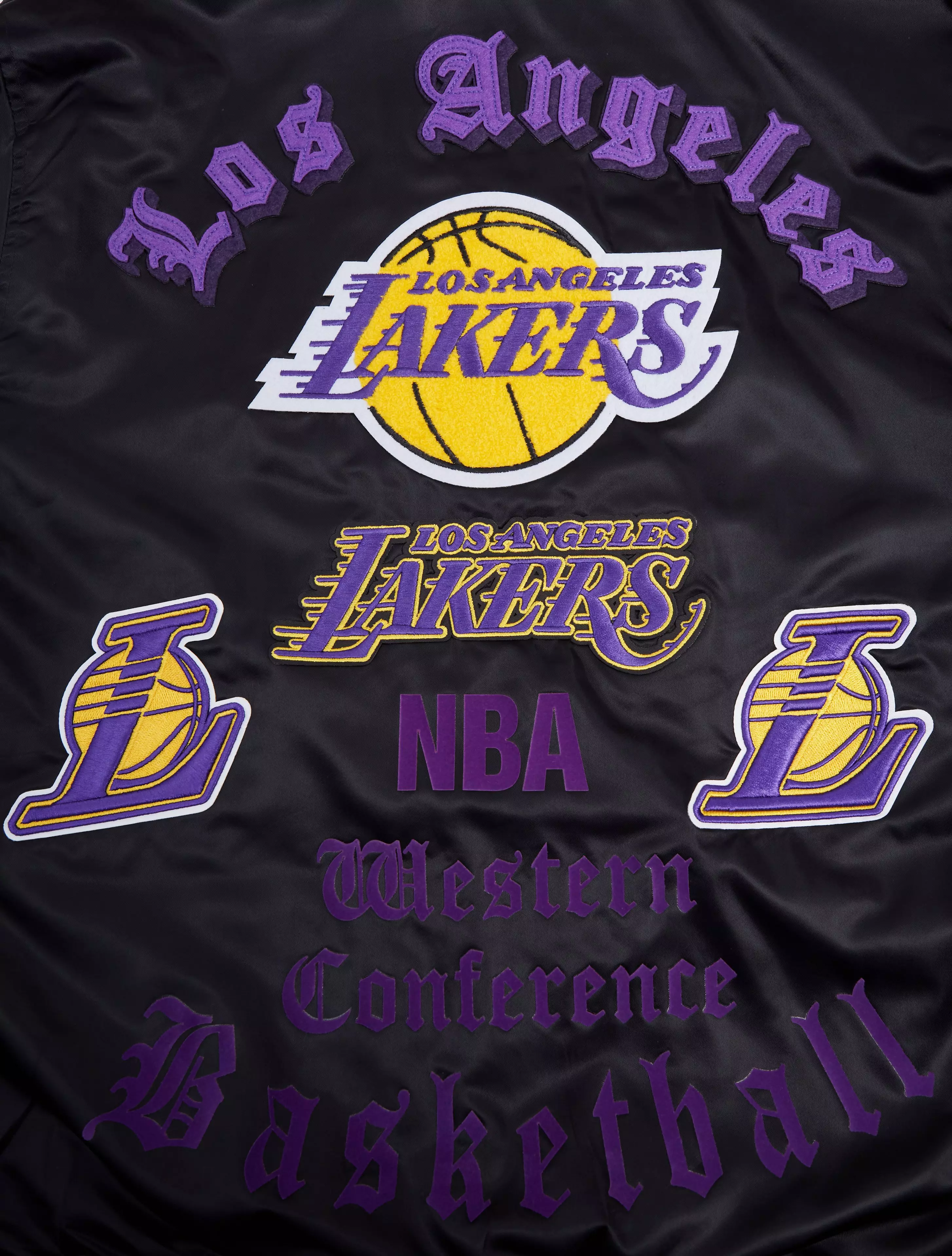 Pro Standard Men's NBA Los Angeles Lakers Old English Logo Satin Varsity Jacket -Black/Purple - BLACK/PURPLE