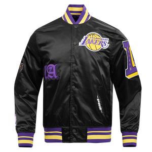 Pro Standard Men's NBA Los Angeles Lakers Old English Logo Satin Varsity Jacket -Black/Purple