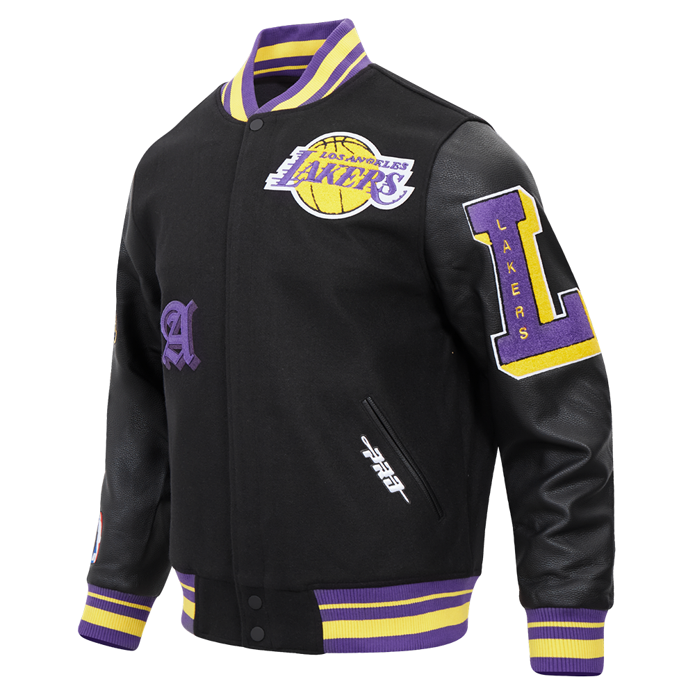 Pro Standard Men's NBA Los Angeles Lakers Old English Rib Wool Varsity Jacket - Black/Purple - BLACK/PURPLE Thumbnail View 3