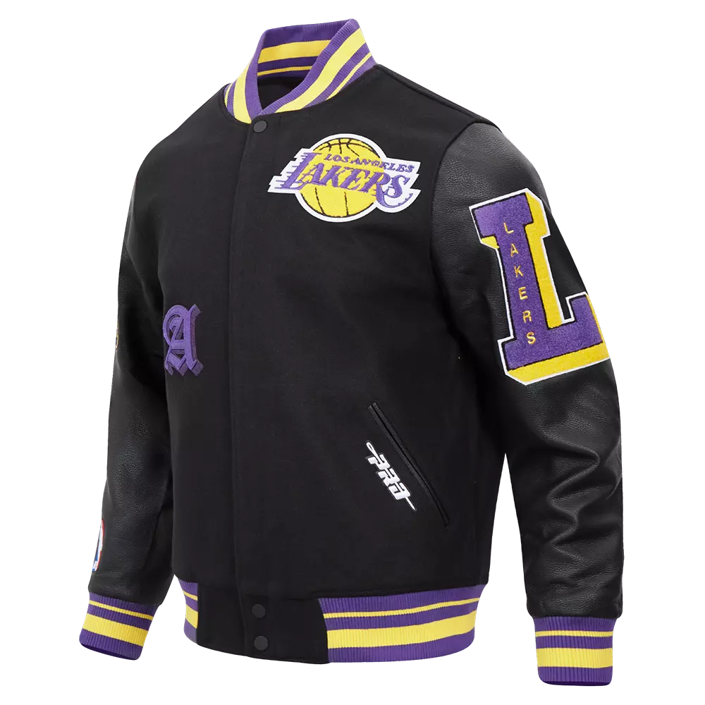 Pro Standard Men's NBA Los Angeles Lakers Old English Rib Wool Varsity Jacket -Black/Purple - BLACK/PURPLE