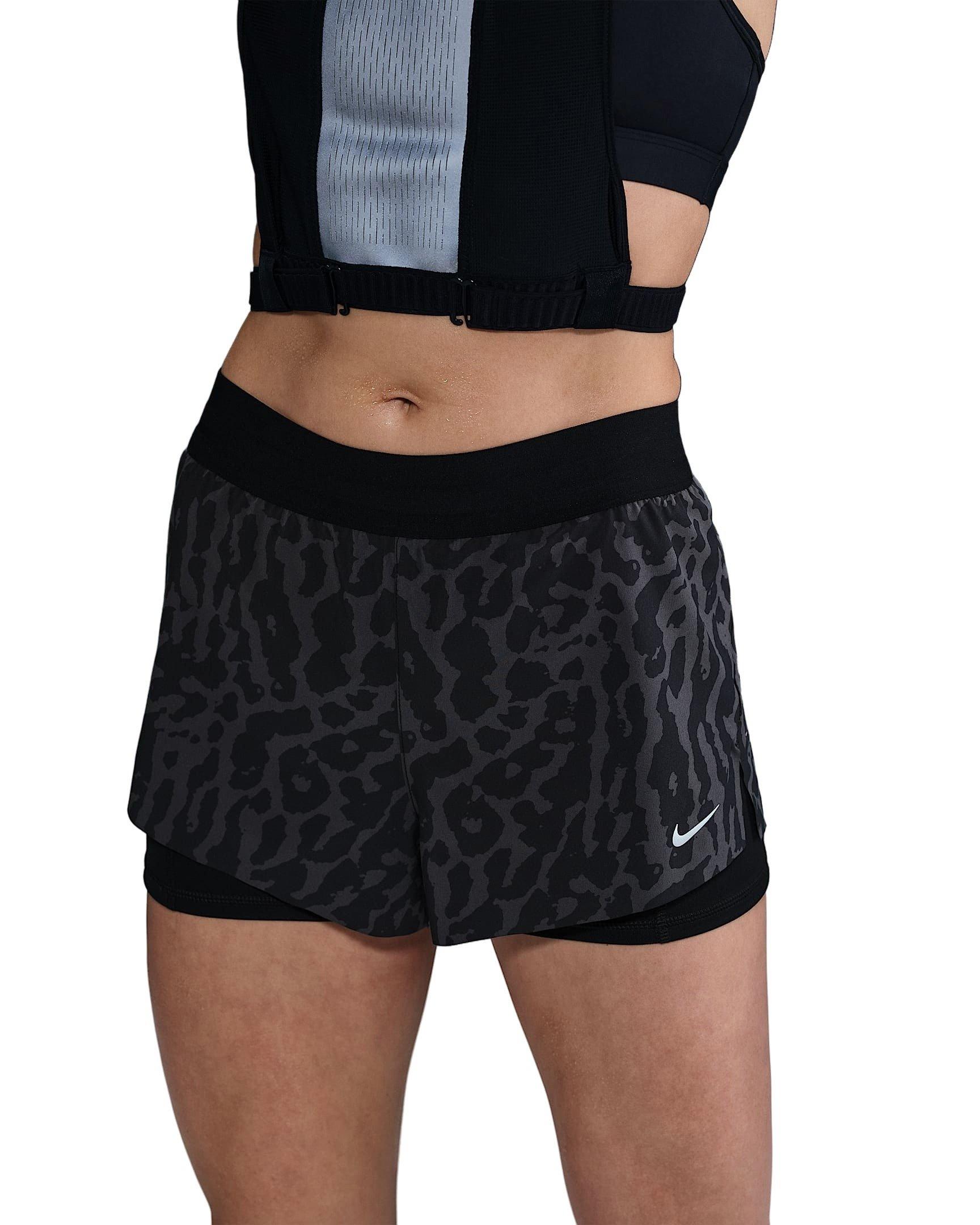 Nike Women's Swift Dri-FIT Mid-Rise 2-in-1 Printed Running Shorts -Black - BLACK Thumbnail View 1