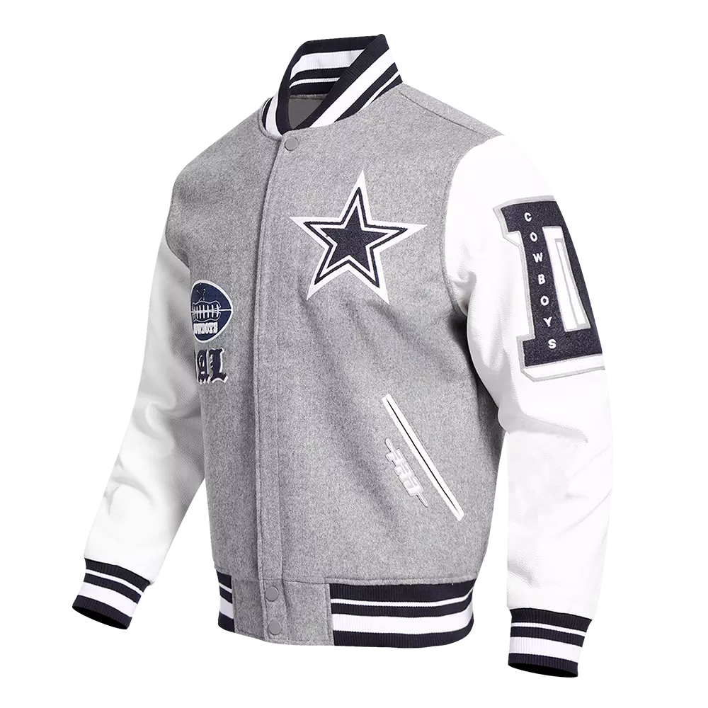 Pro Standard Men's NFL Dallas Cowboys Old English Rib Wool Varsity Jacket - Grey/White - GREY/WHITE