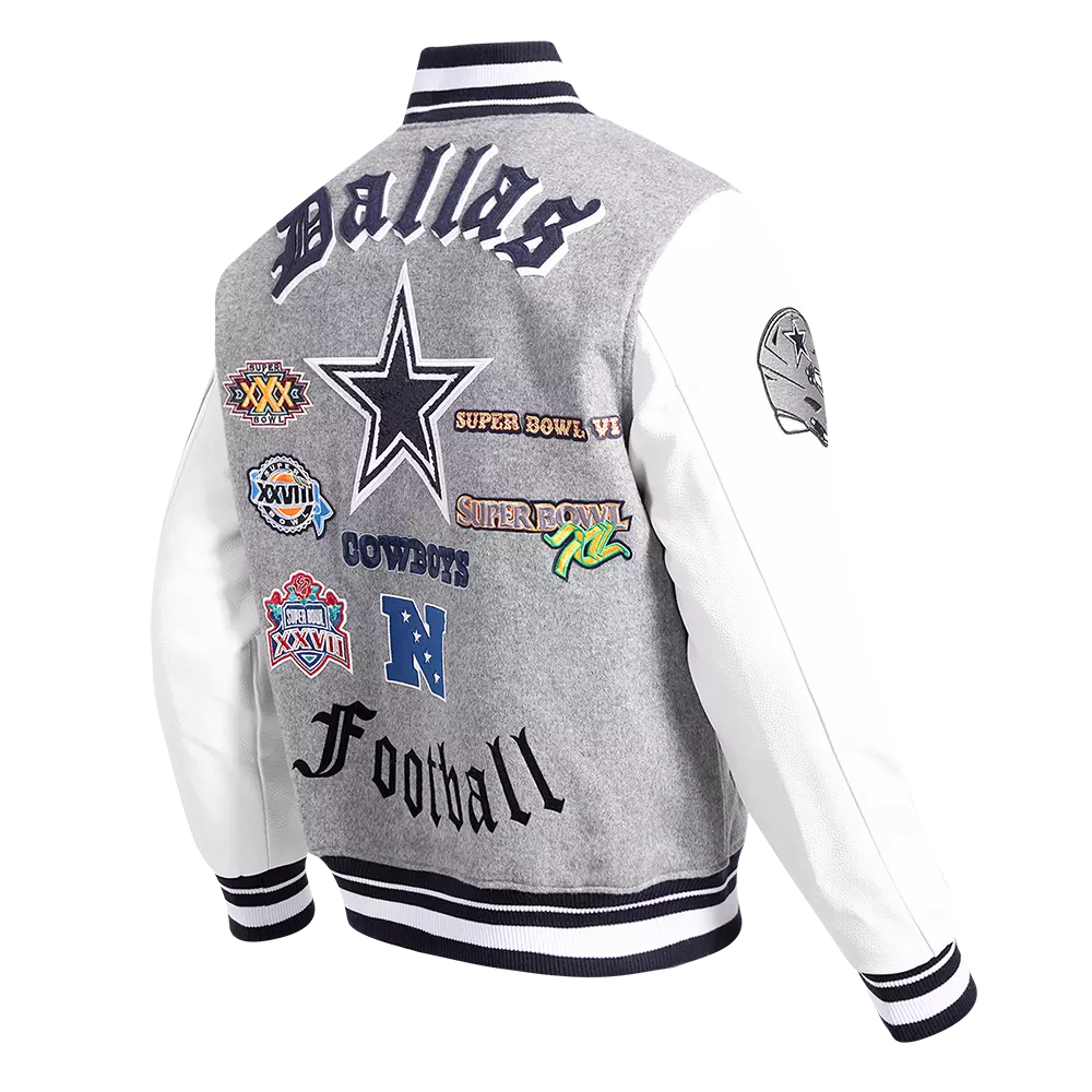 Pro Standard Men's NFL Dallas Cowboys Old English Rib Wool Varsity Jacket - Grey/White - GREY/WHITE