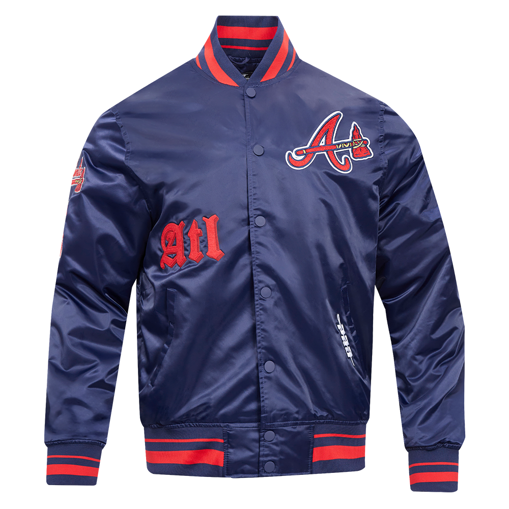 Pro Standard Men's MLB Atlanta Braves Old English Rib Satin Varsity Jacket -Navy/Red - NAVY/RED Thumbnail View 1