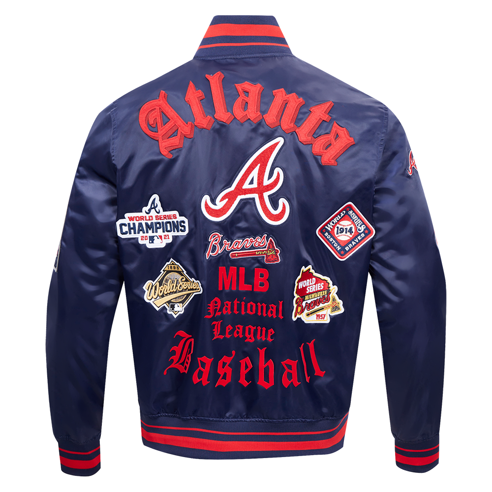 Pro Standard Men's MLB Atlanta Braves Old English Rib Satin Varsity Jacket - Navy/Red - NAVY/RED Thumbnail View 2
