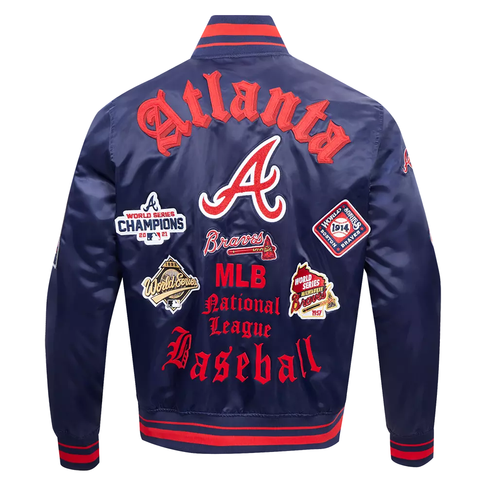 Pro Standard Men's MLB Atlanta Braves Old English Rib Satin Varsity Jacket -Navy/Red - NAVY/RED